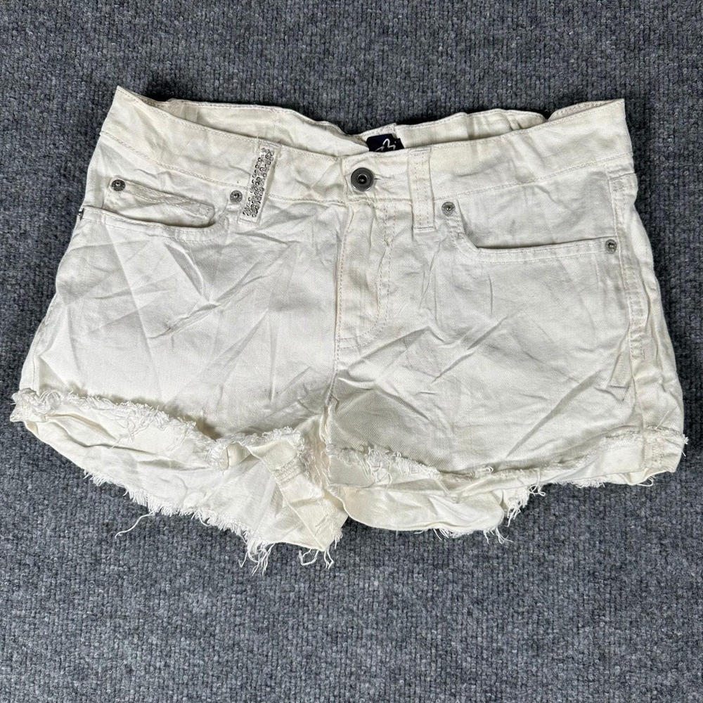 Authentic Icon Denim Shorts Womens Size 27 White Star Patch Back Pocket Raw Hem